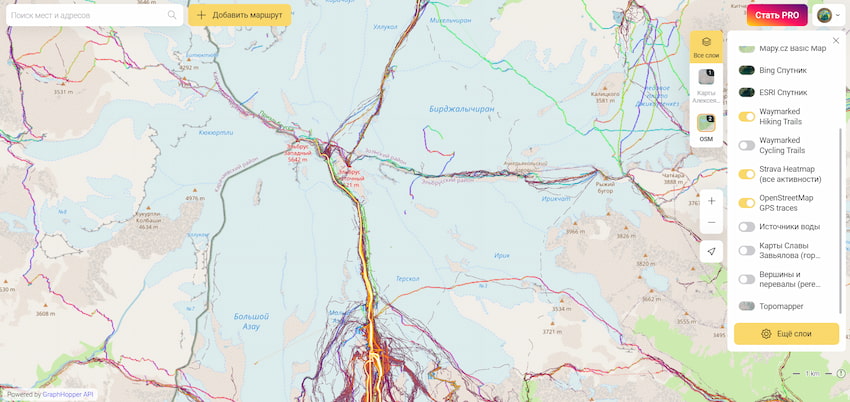 Доступные маршруты на карте OSM на сервисе mapmagic.app