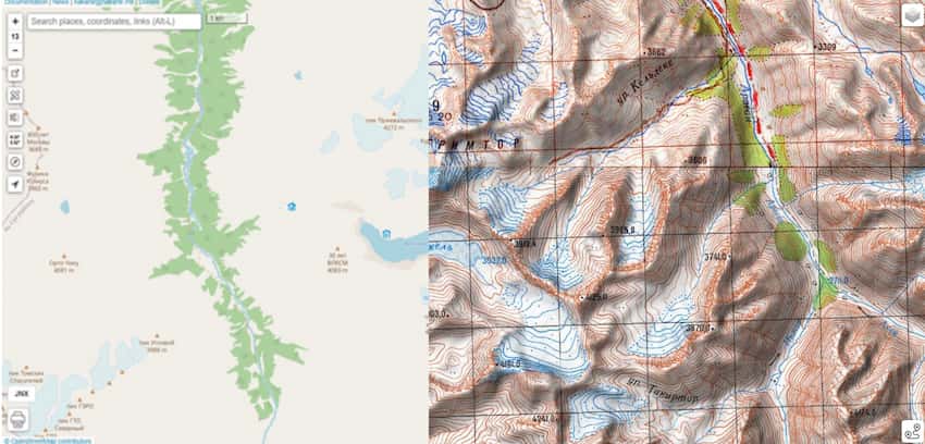 Отображение местности на карте OSM (слева) и топографической ГенШтаба (справа)